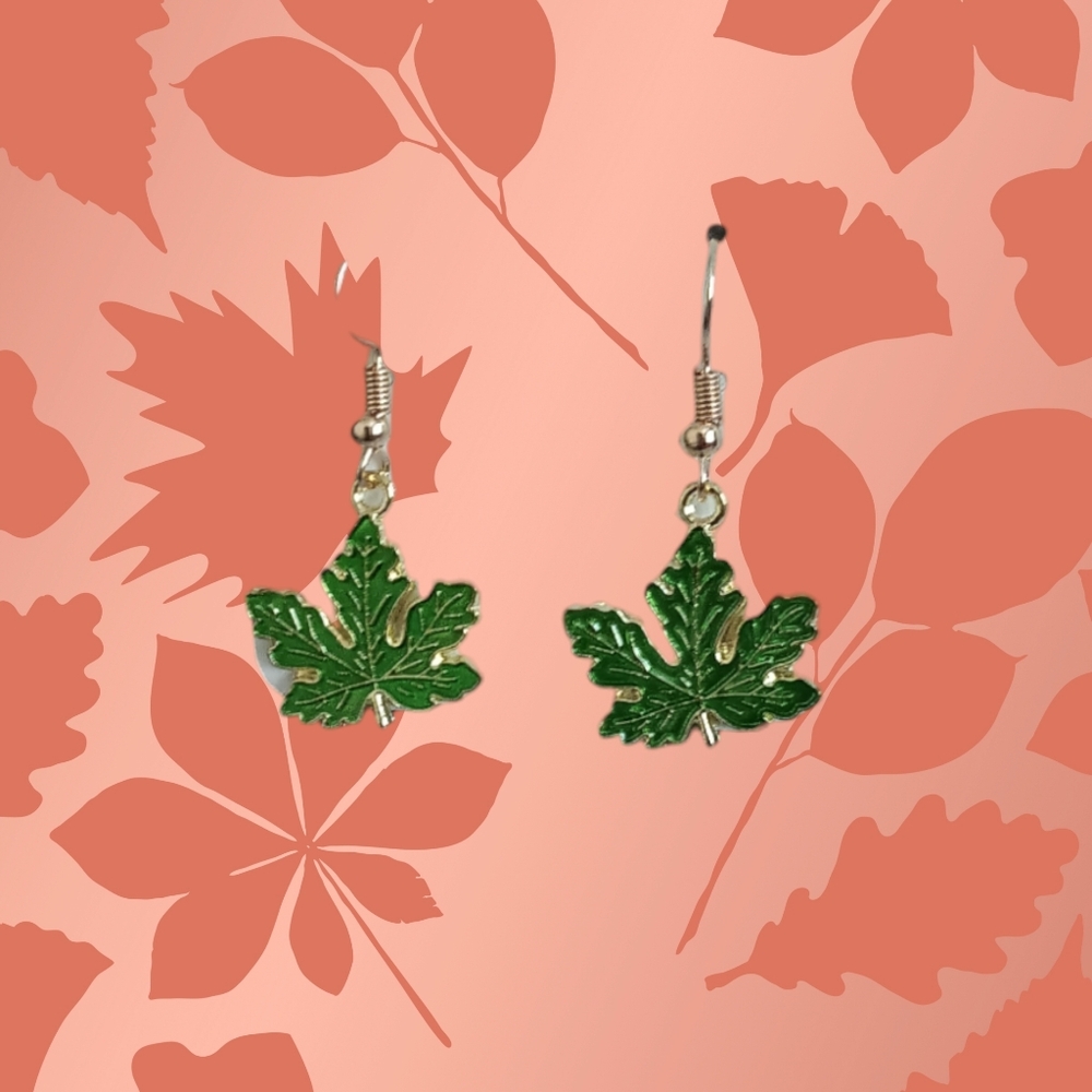 Green Maple Leaf Earrings - Picture 4 of 6